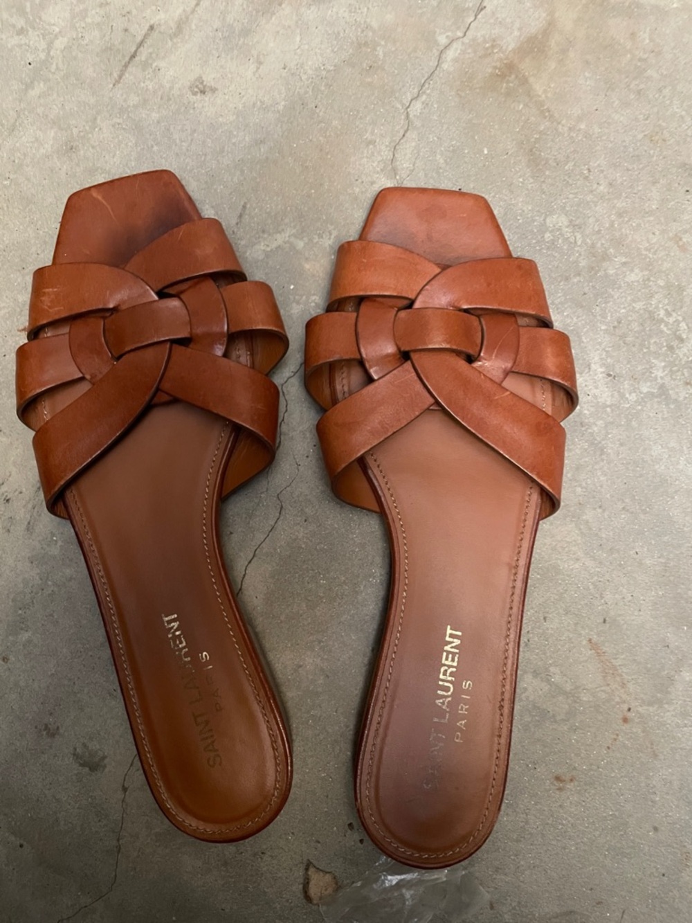 Saint Laurent Tan/Brown Woven Leather Slide Mules
